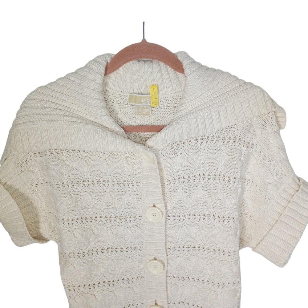 Michael Kors Vintage Womens Cream Cable Knit Short Sleeve Shawl Collar M Cardi - Picture 3 of 10